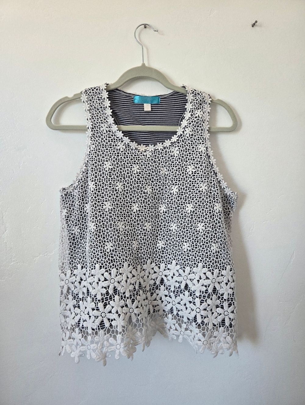 Buttons Floral Eyelet Lace Striped Camisole Top Blue White Boho Beach Nautical M